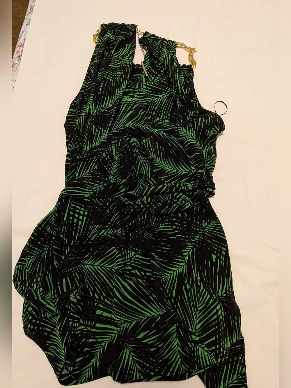Michael Kors Green Palm-Print Slip Tunic with Gold Chain Straps